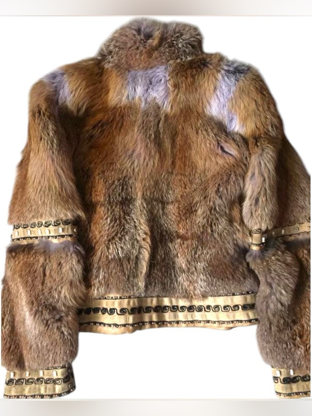 Luxurious Tan Fox Fur Jacket with Embellished Trim - Picture 3 of 11